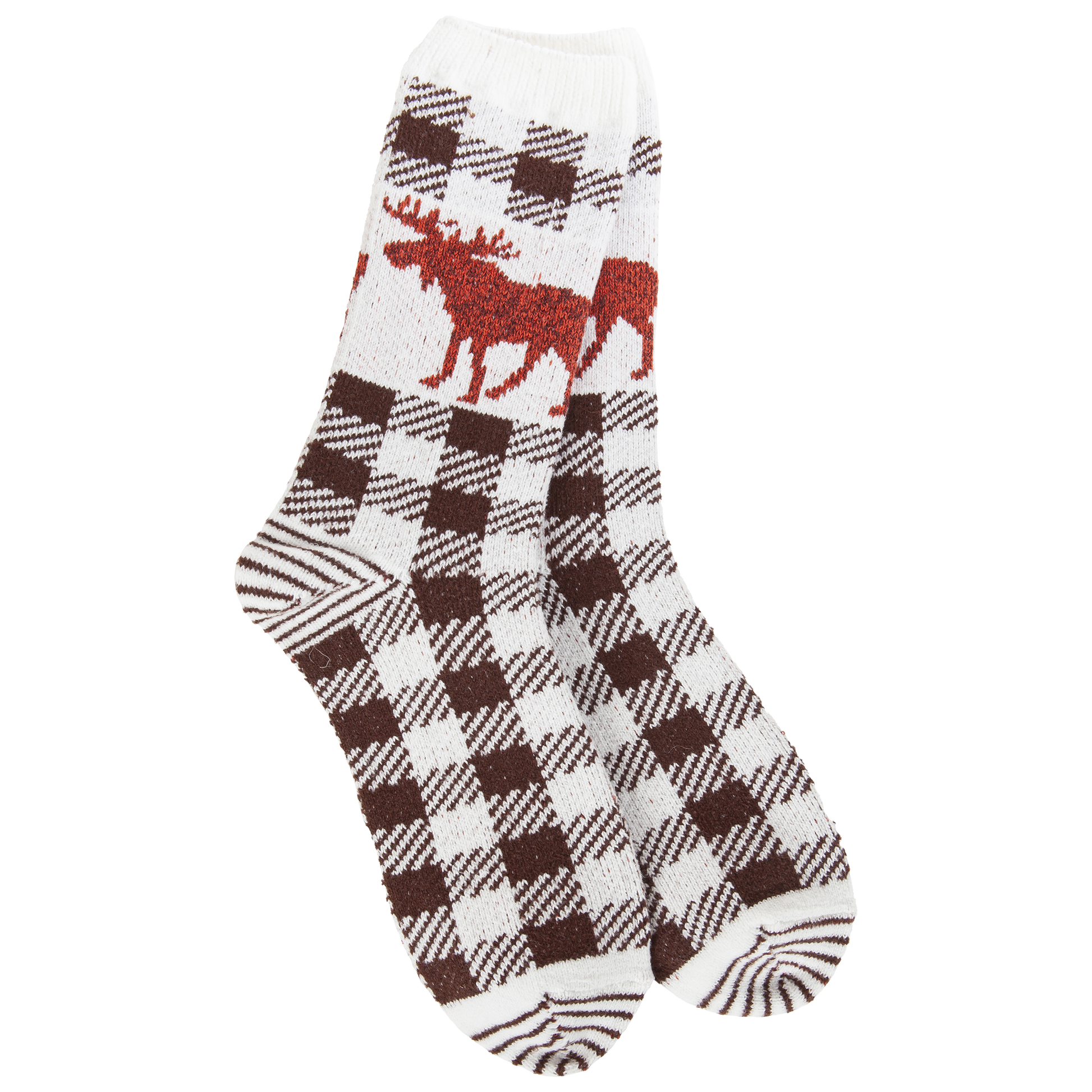 Sock with moose and plaid pattern on a white background