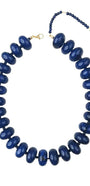 Chunky beaded necklace with dark navy oval beads and gold clasp
