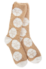 Beige socks with white floral patterns on a white background