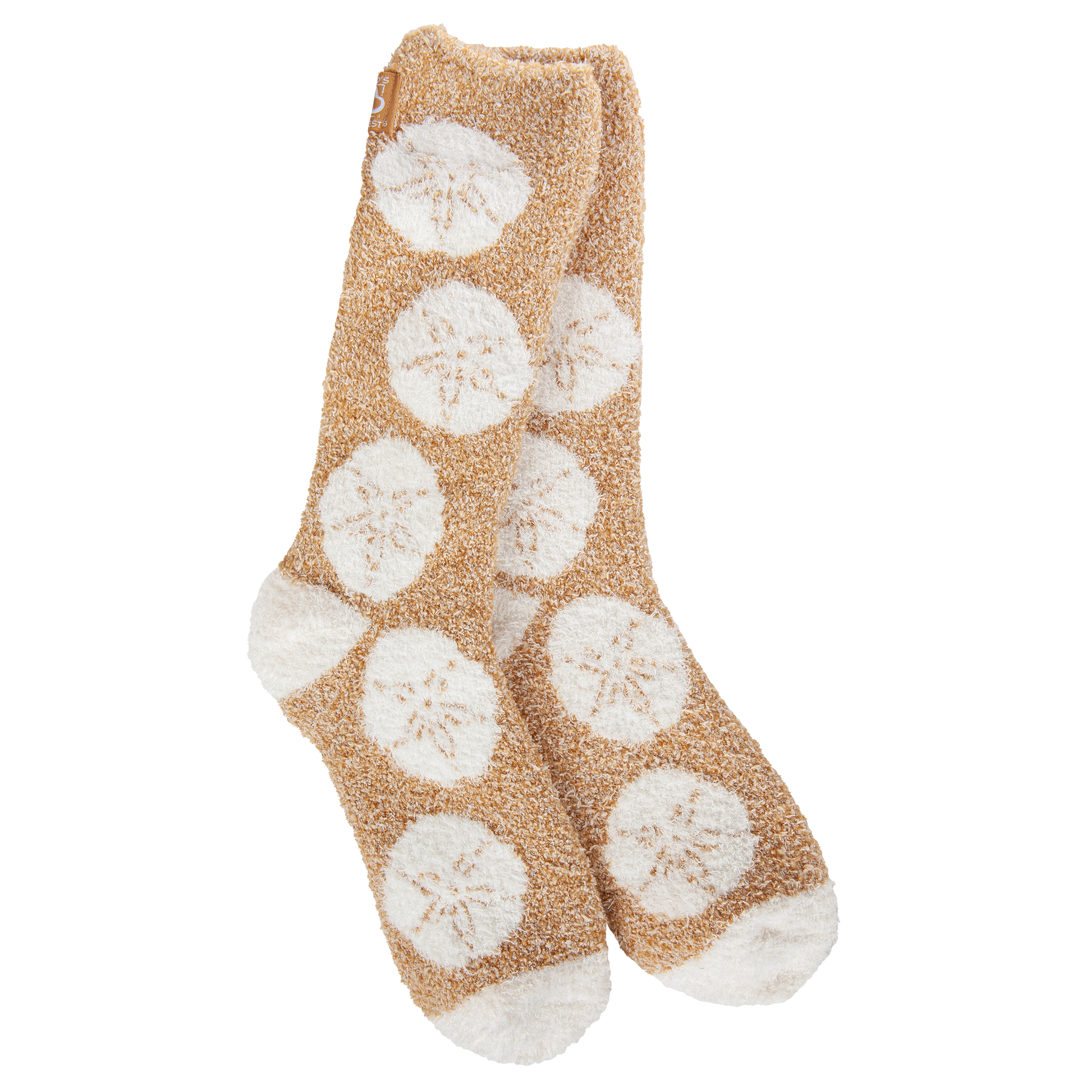 Beige socks with white floral patterns on a white background