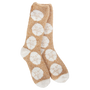 Beige socks with white floral patterns on a white background