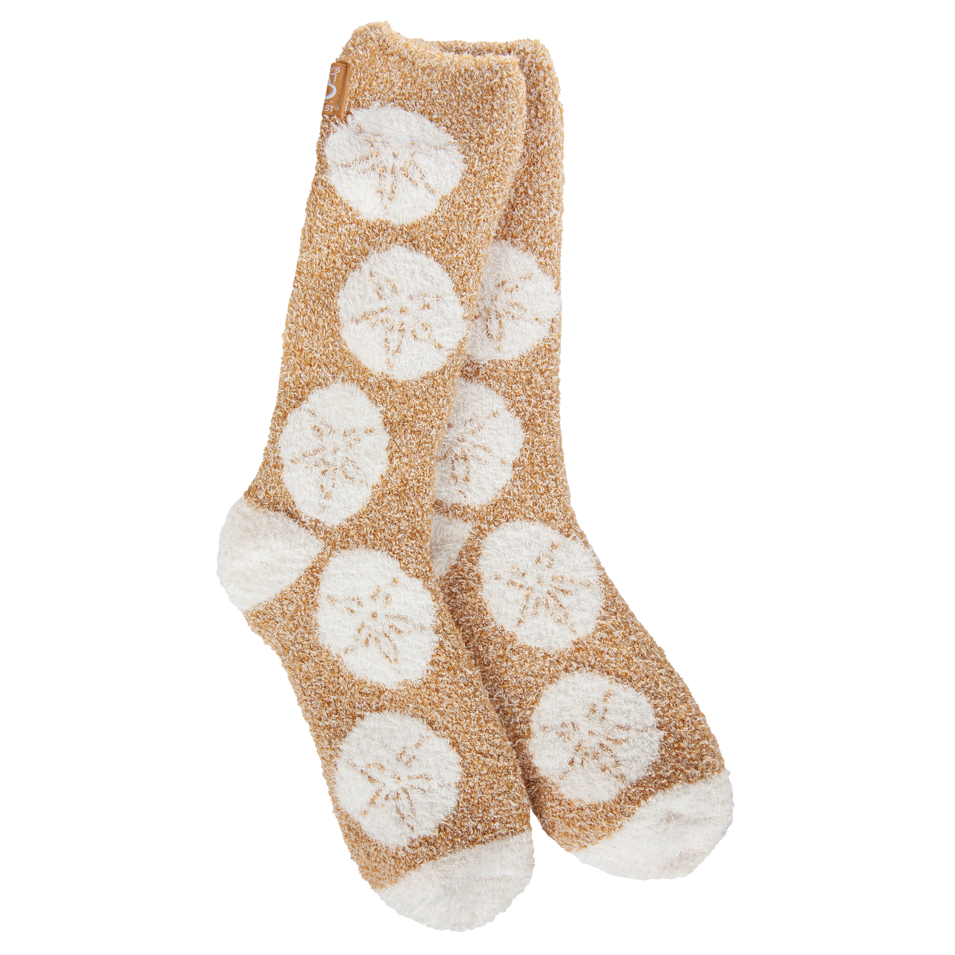 Beige socks with white floral patterns on a white background