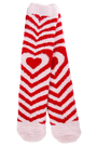 Red and white striped socks with a heart design on a white background