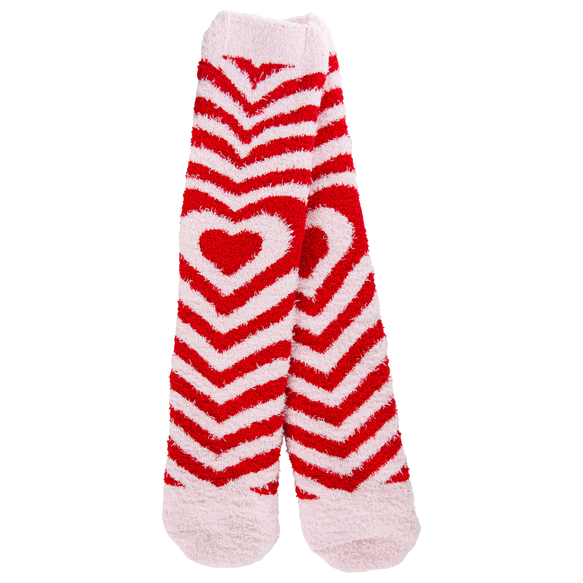 Red and white striped socks with a heart design on a white background