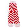 Red and white striped socks with a heart design on a white background