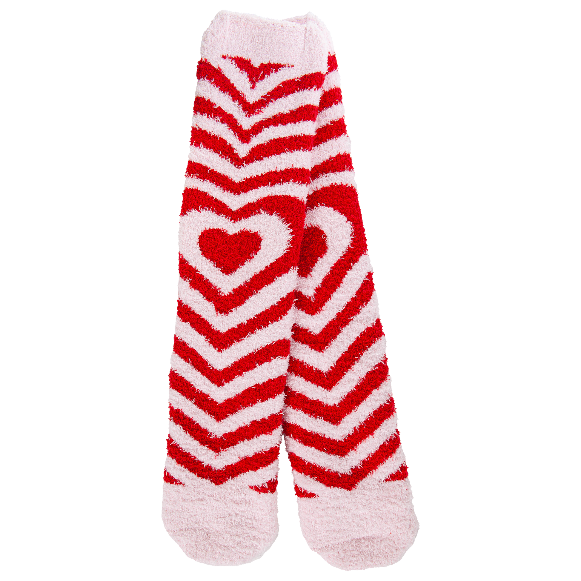 Red and white striped socks with a heart design on a white background