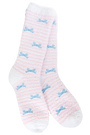 Pink and white striped socks with blue bow pattern on a white background