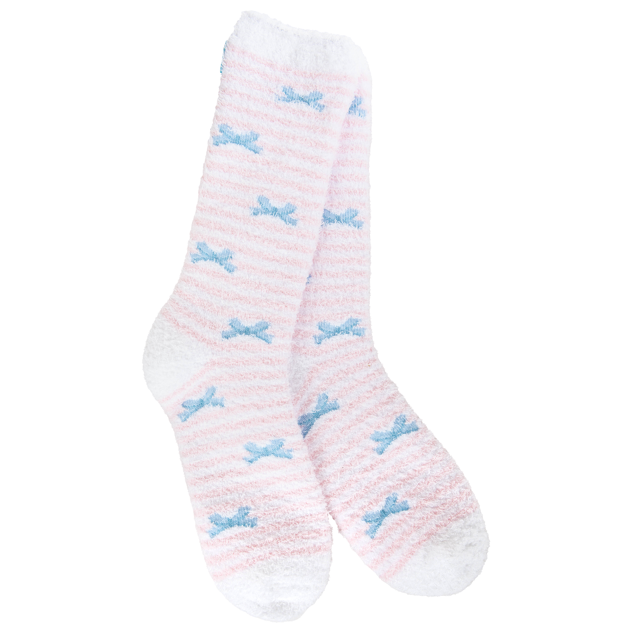 Pink and white striped socks with blue bow pattern on a white background