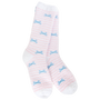 Pink and white striped socks with blue bow pattern on a white background