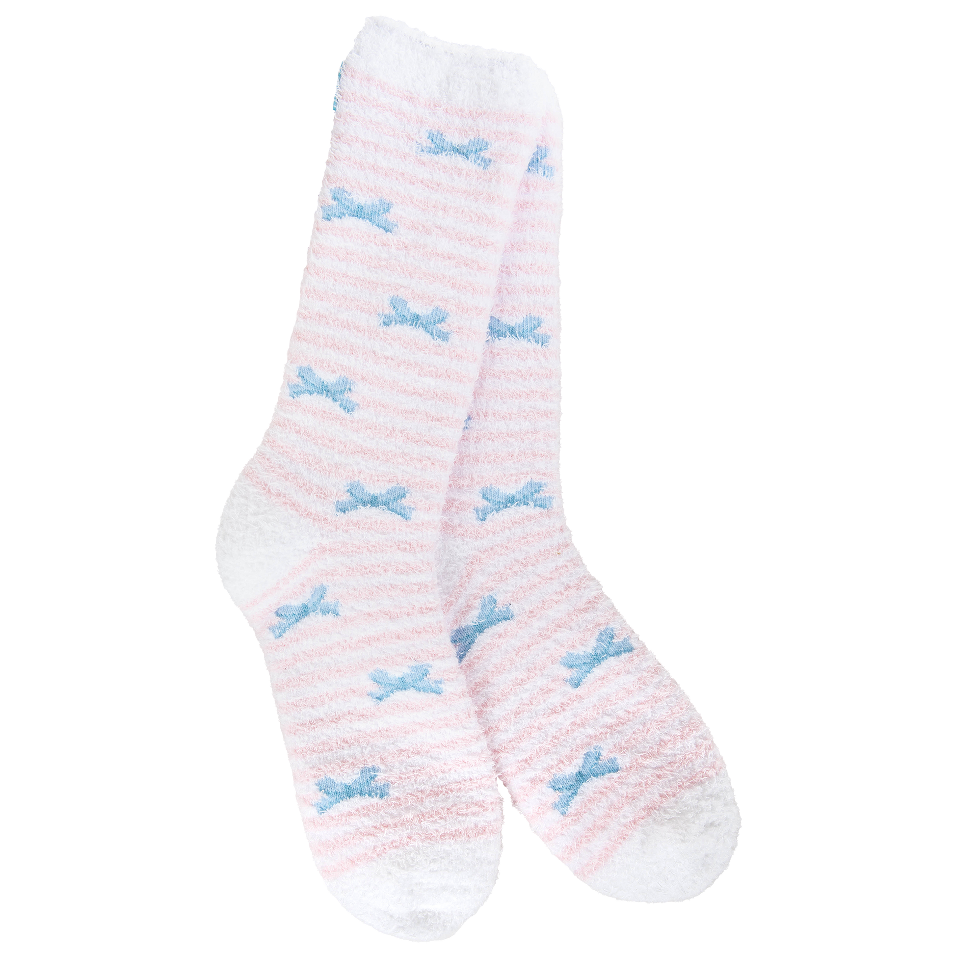 Pink and white striped socks with blue bow pattern on a white background