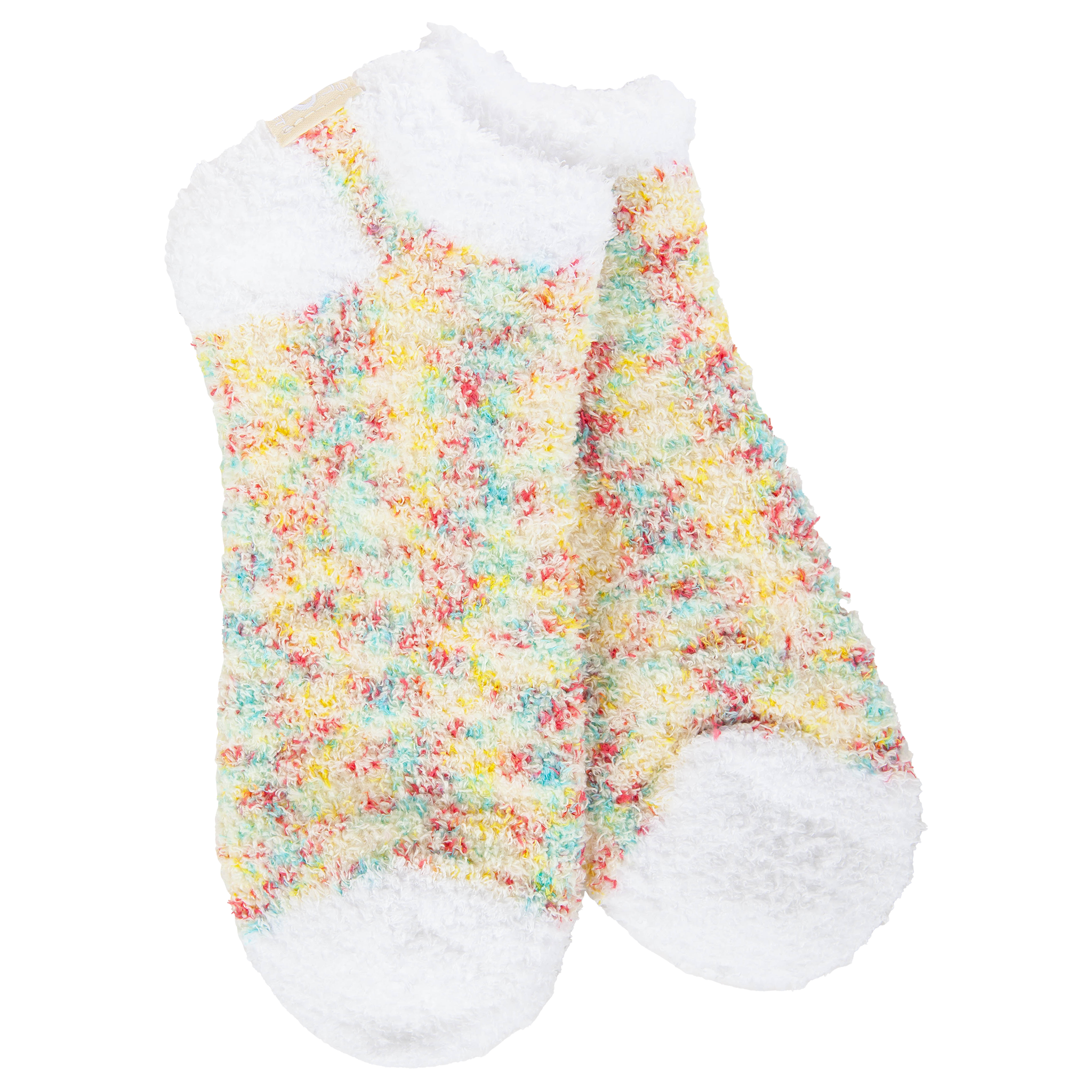 Colorful fuzzy socks on a white background