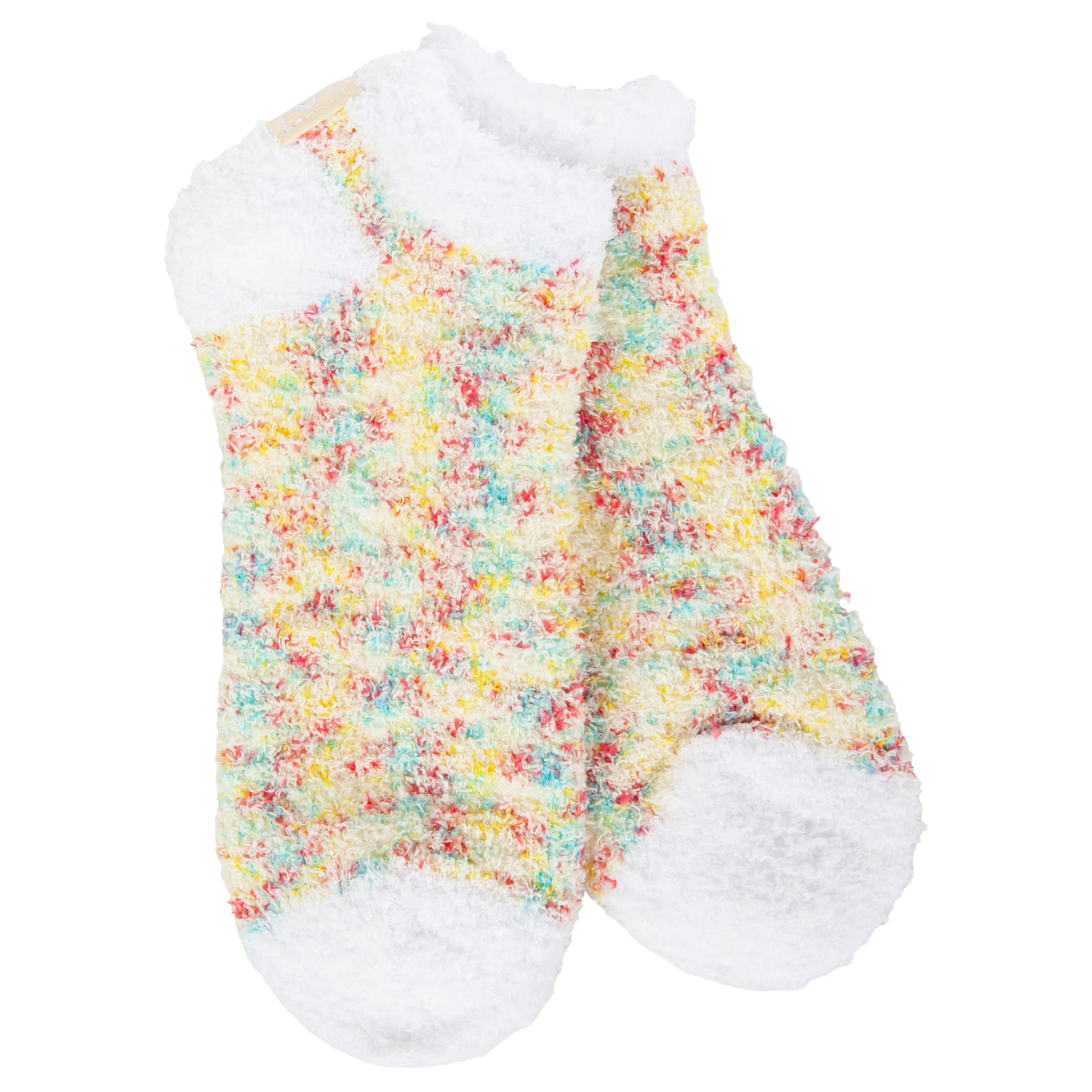 Colorful fuzzy socks on a white background