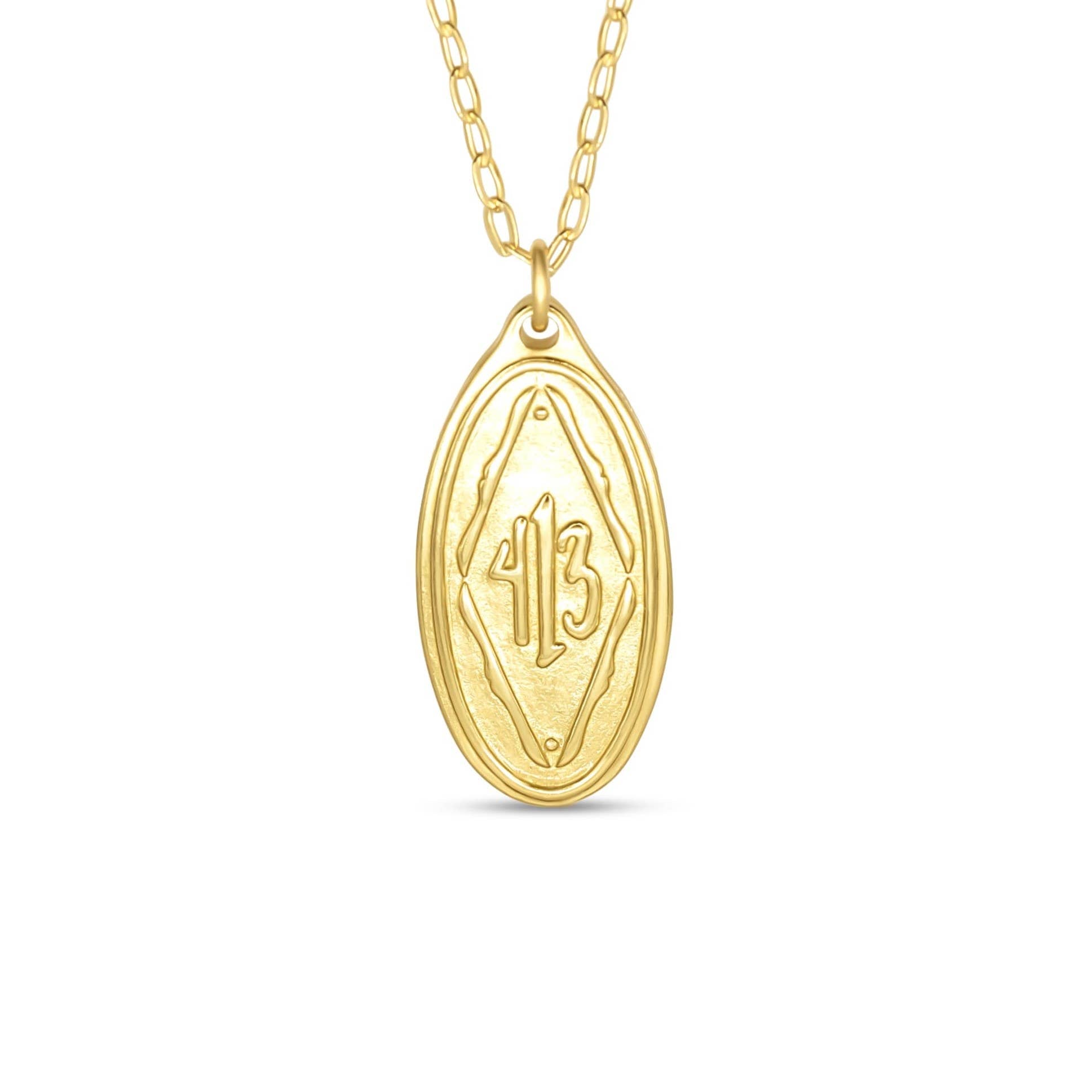 Gold necklace with a pendant featuring the number 413 on a white background