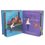 Open book showing illustrations of a train and a person with an eagle on a purple background