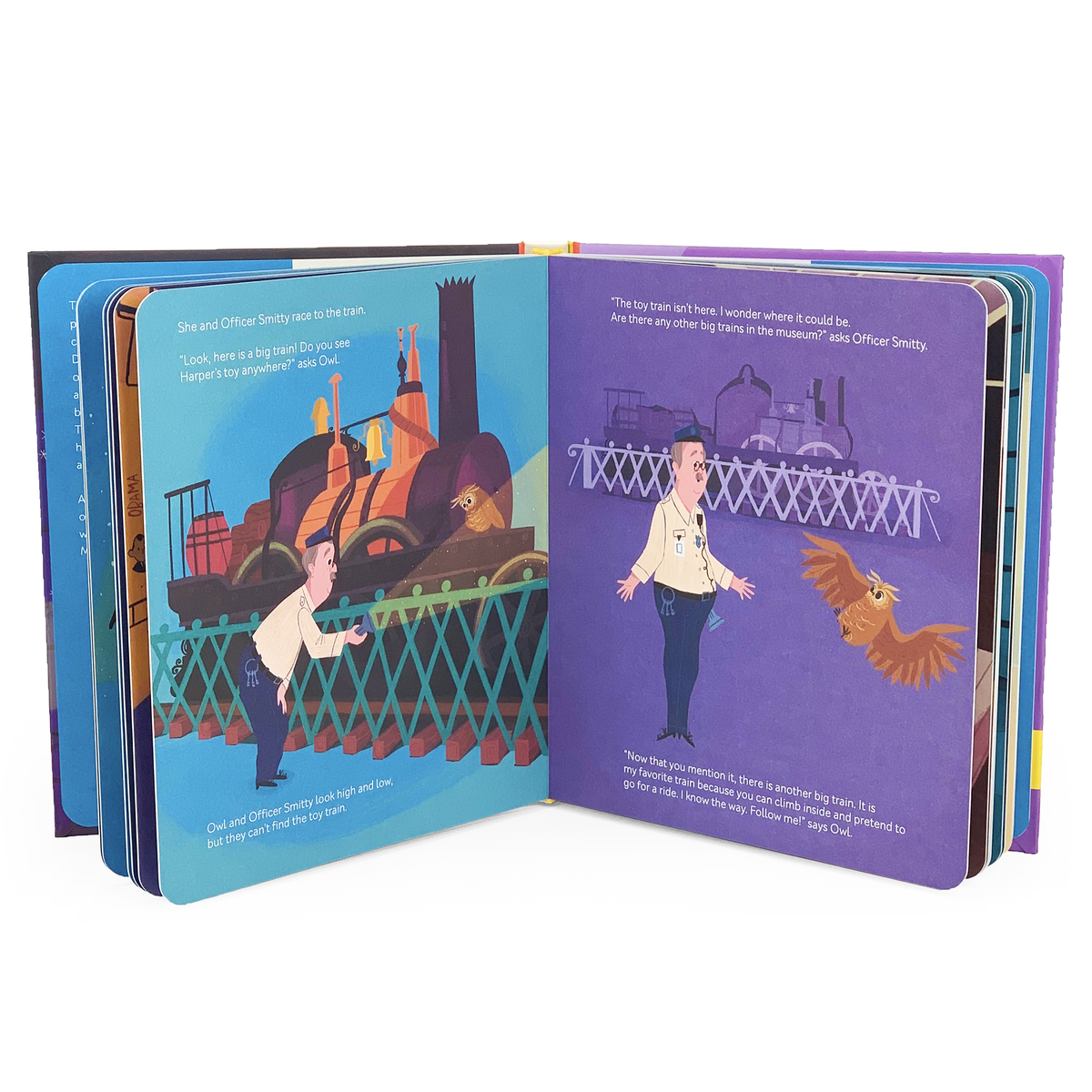 Open book showing illustrations of a train and a person with an eagle on a purple background