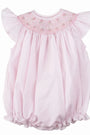 Pink baby romper with floral embroidery on a white background