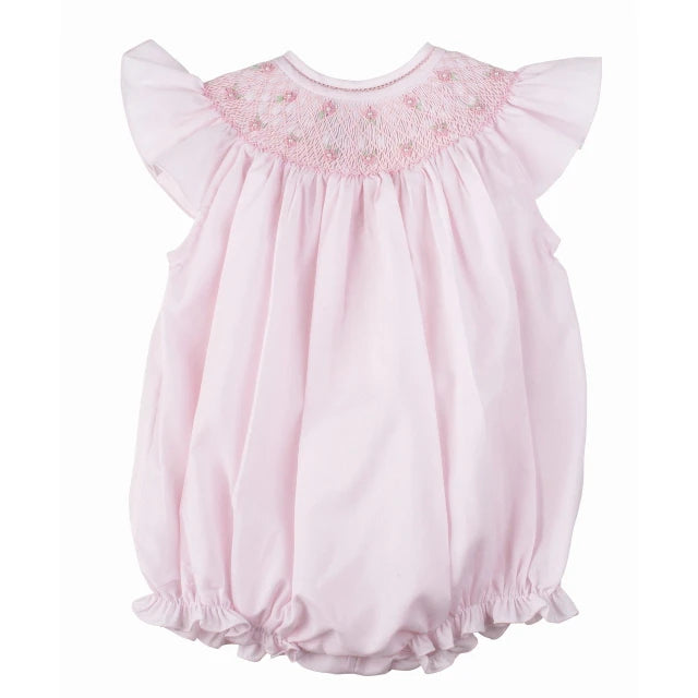 Pink baby romper with floral embroidery on a white background