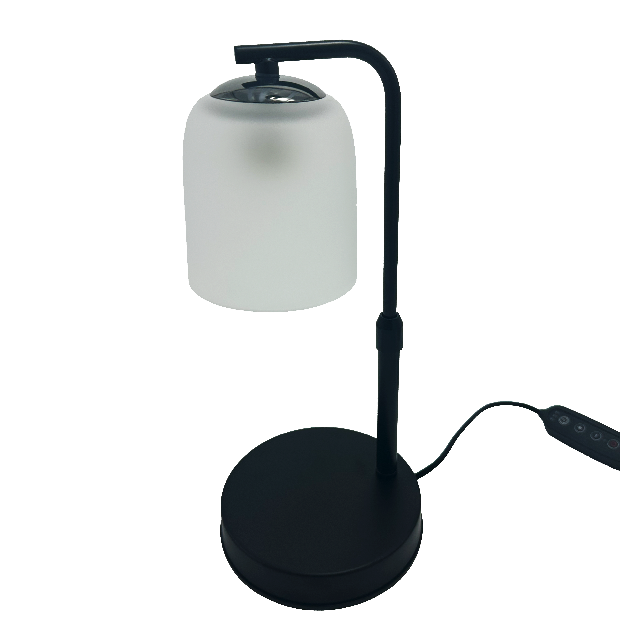 Black table lamp with a white cylindrical shade on a white background