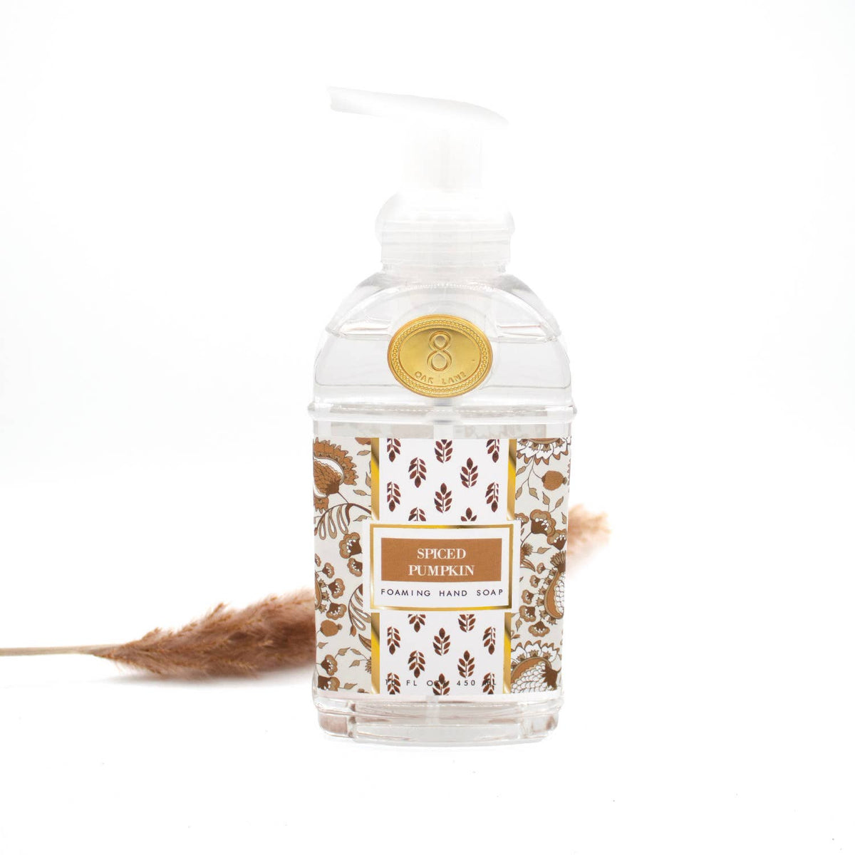 Spiced pumpkin foaming hand soap in clear pump bottle with gold seal, 15 oz