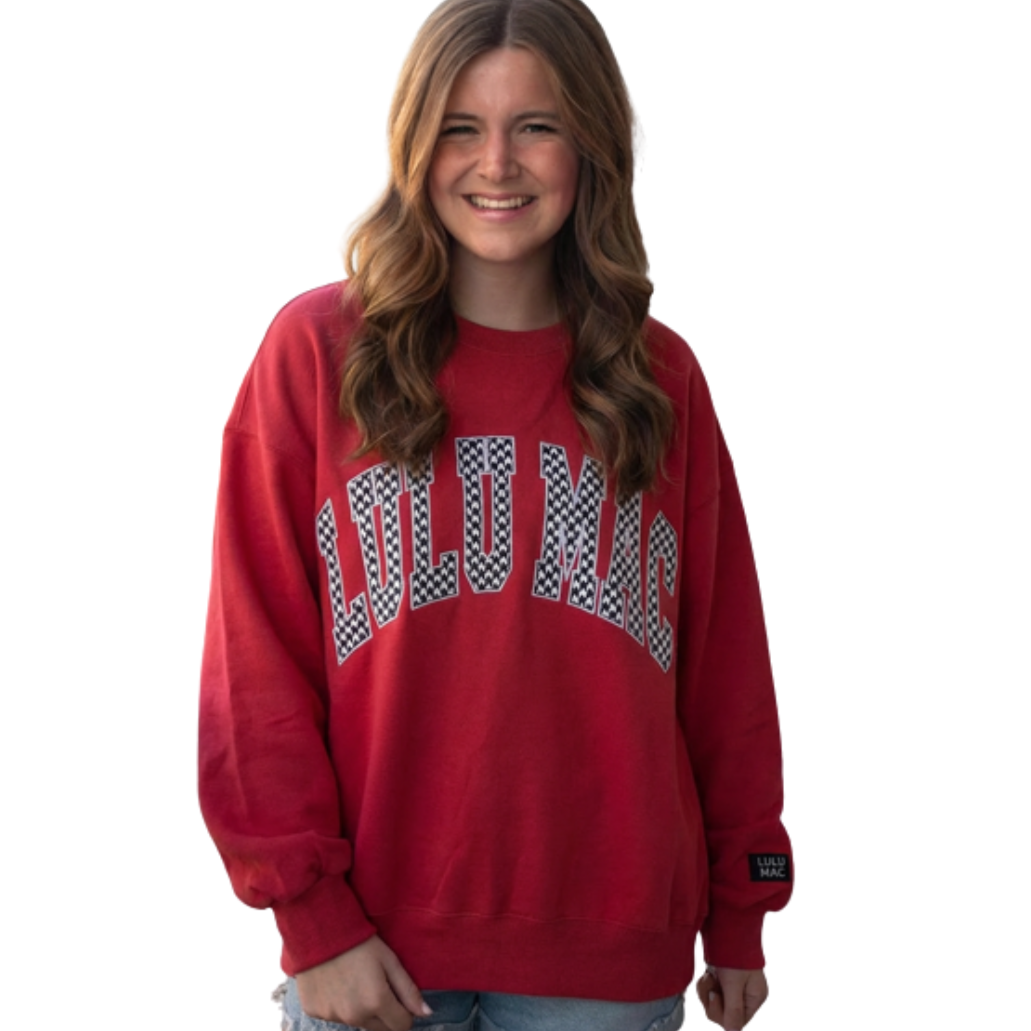 Person wearing a red sweatshirt with text on a white background