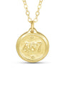 Gold necklace with a round pendant displaying the number 467 on a white background