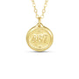 Gold necklace with a round pendant displaying the number 467 on a white background
