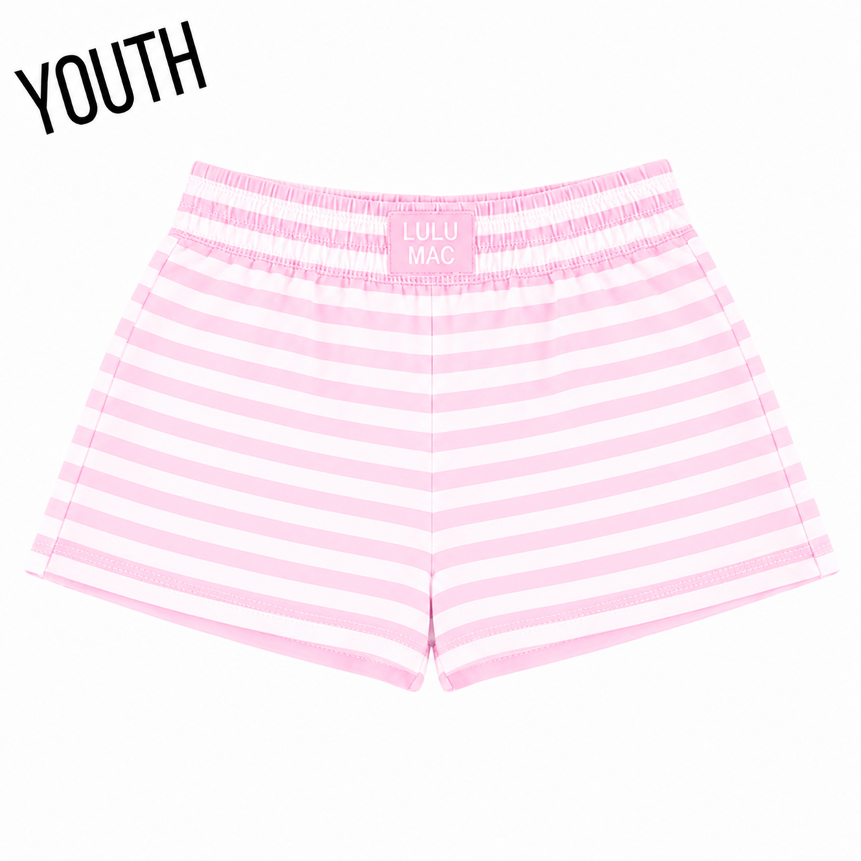 Light pink youth shorts with white stripes and elastic waistband, Lulu Mac patch