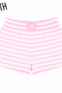 Light pink youth shorts with white stripes and elastic waistband, Lulu Mac patch