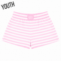 Light pink youth shorts with white stripes and elastic waistband, Lulu Mac patch
