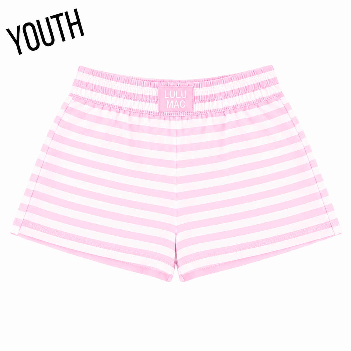 Light pink youth shorts with white stripes and elastic waistband, Lulu Mac patch