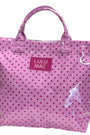 Pink polka dot tote bag with Lulu Mac logo on a white background