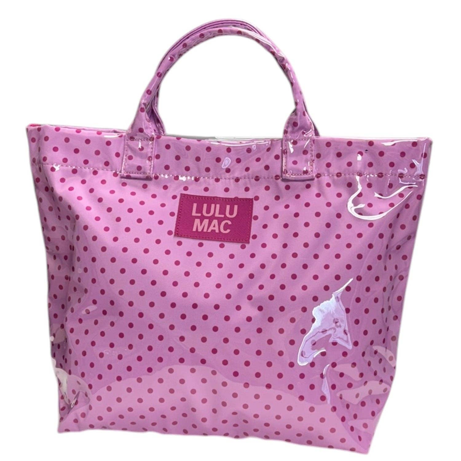 Pink polka dot tote bag with Lulu Mac logo on a white background