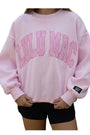 Pink sweatshirt with 'LULU MAC' text on a white background