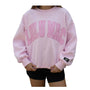 Pink sweatshirt with 'LULU MAC' text on a white background