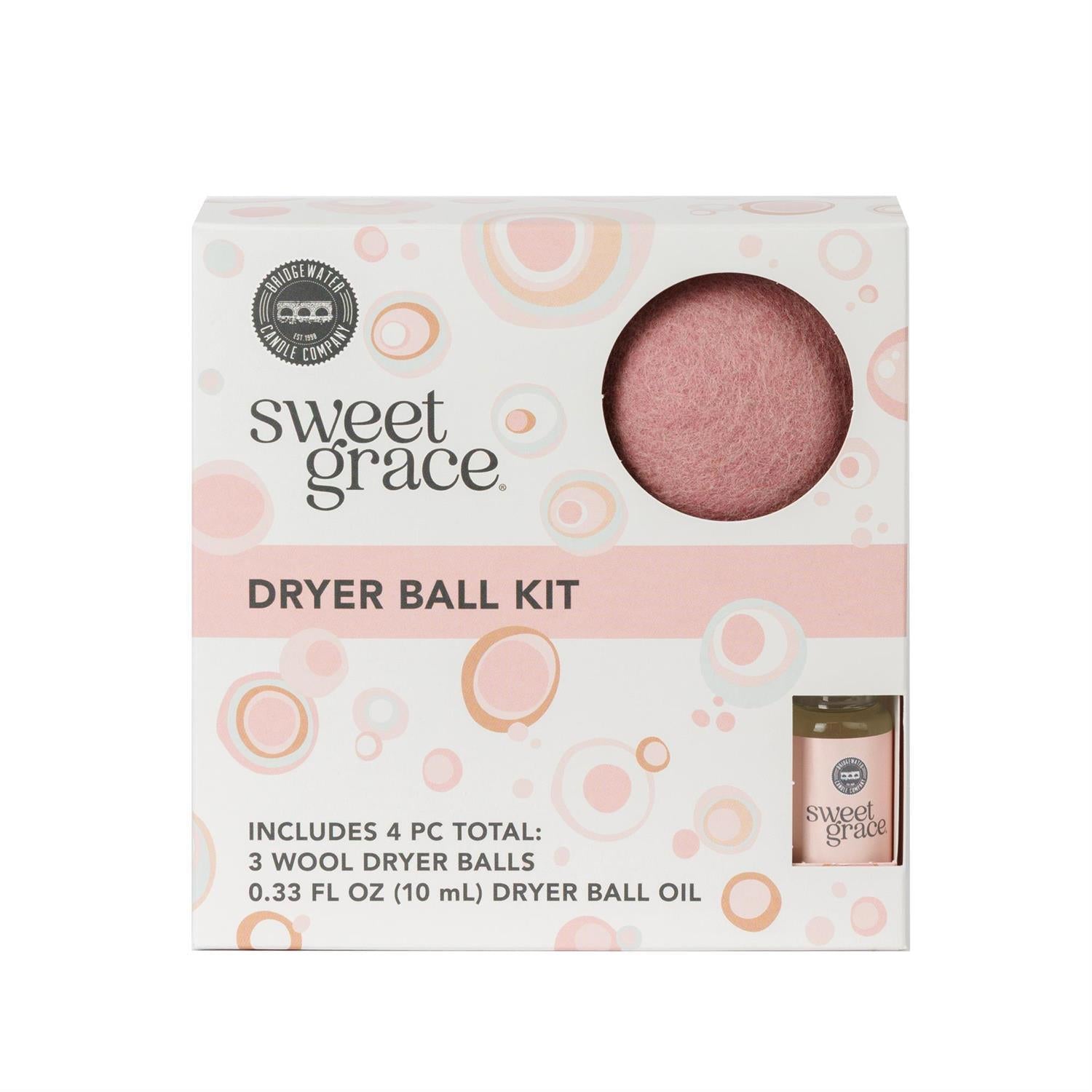 Sweet Grace dryer ball kit packaging with a pink dryer ball and oil bottle on a white background
