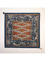 Navy retro floral square scarf, flat lay with ornate border and small tassel ends