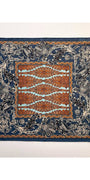 Navy retro floral square scarf, flat lay with ornate border and small tassel ends