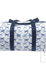 Duffle bag with dog pattern and navy straps on a white background, featuring the brand 'RVL Design'.