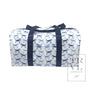 Duffle bag with dog pattern and navy straps on a white background, featuring the brand 'RVL Design'.