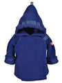 Blue hooded jacket with a patch on a white background