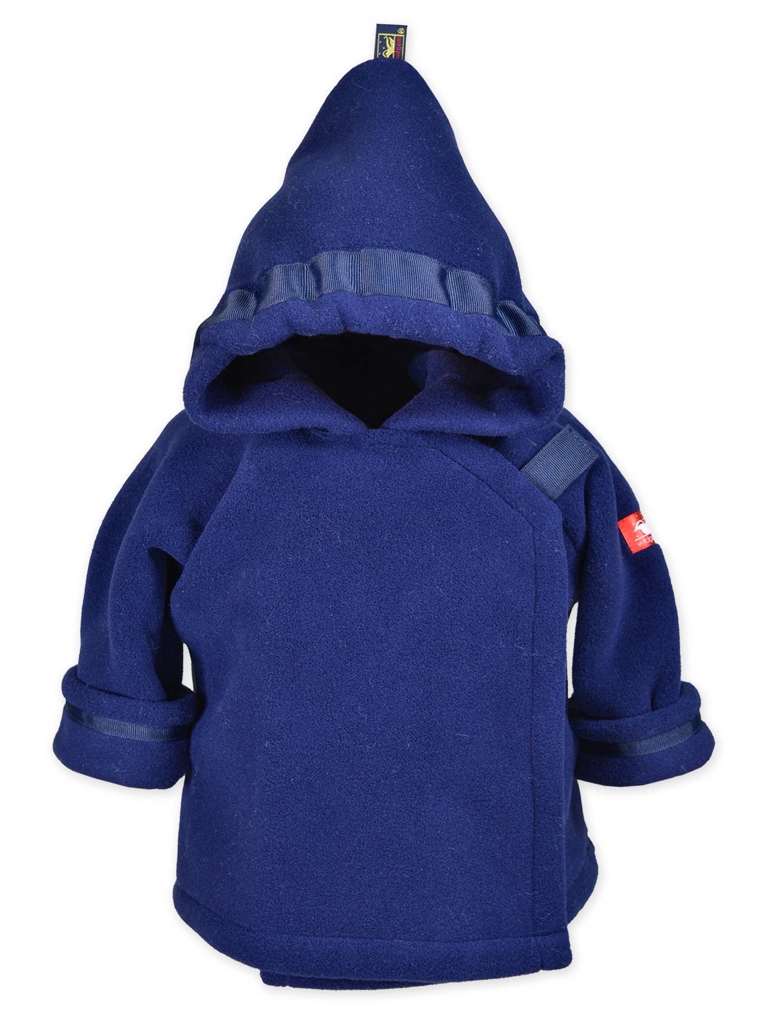 Blue hooded jacket with a patch on a white background