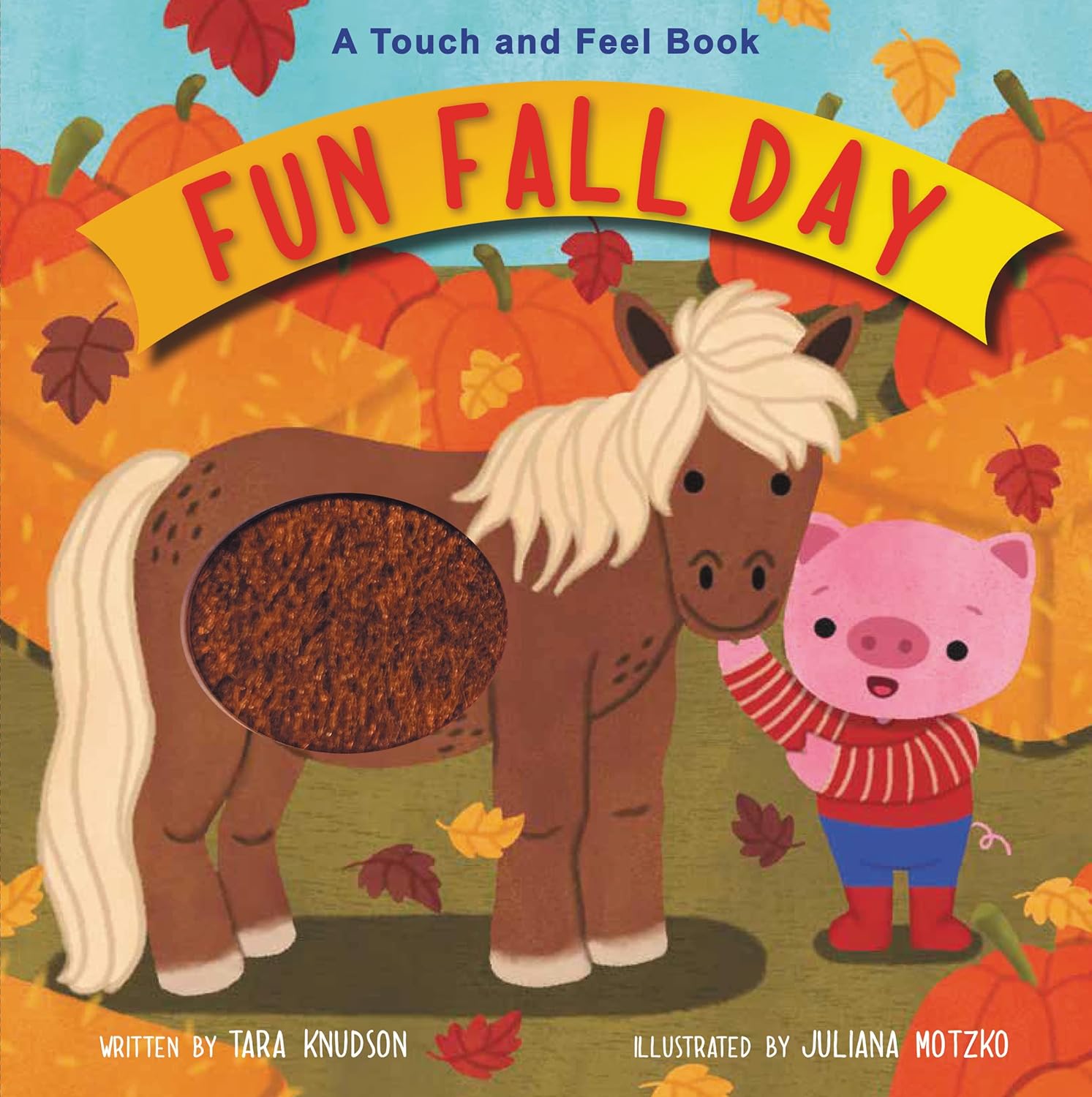 Book cover of 'Fun Fall Day' with a horse and pig illustration, surrounded by pumpkins and autumn leaves.