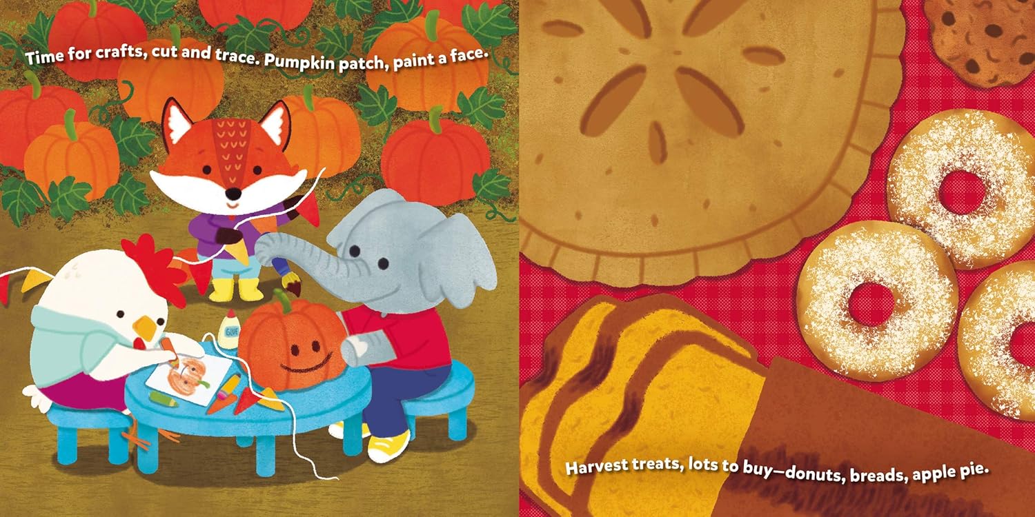 Illustrated book page with animals at a pumpkin patch and harvest treats on a red checkered tablecloth.