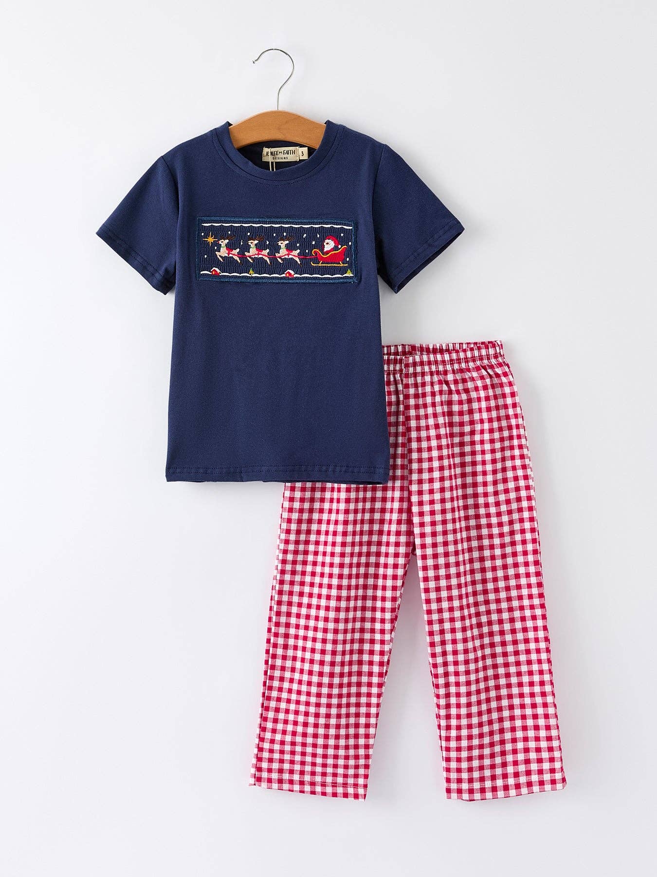 Rylee Faith Designs - Christmas Holiday Celebration Boys Set: Navy with Santa Sleigh