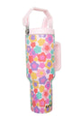 Floral-patterned water bottle with pink accents on a white background