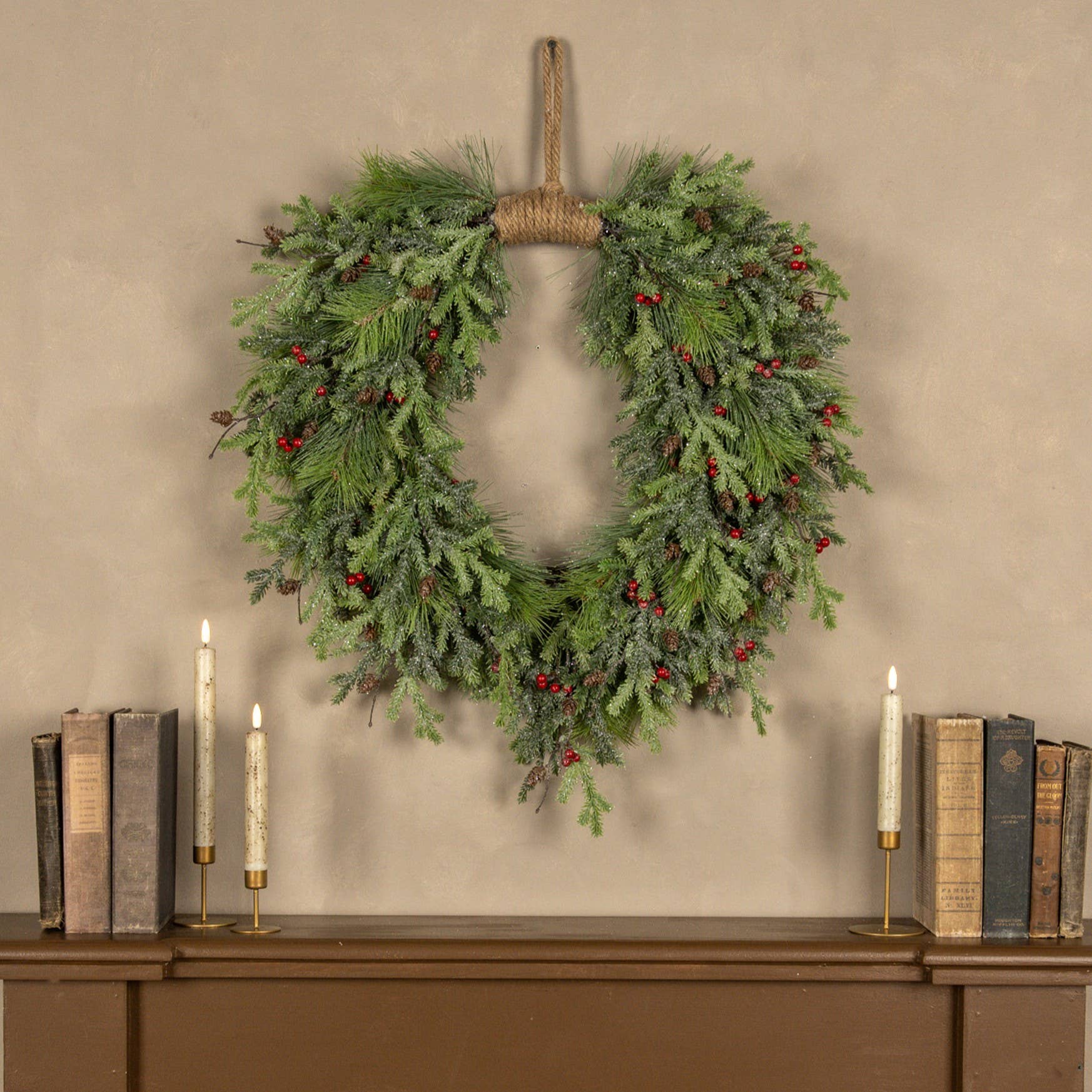 Ragon House - 30" GLITTERED PINE & RED BERRY HANGING WREATH