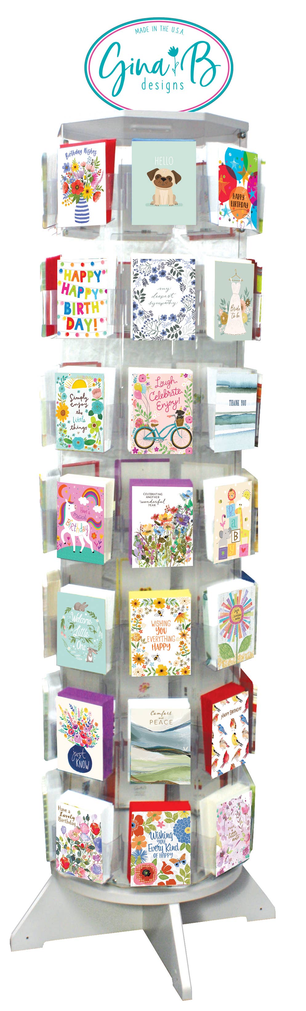 Spinning display of greeting cards with various designs on a white background