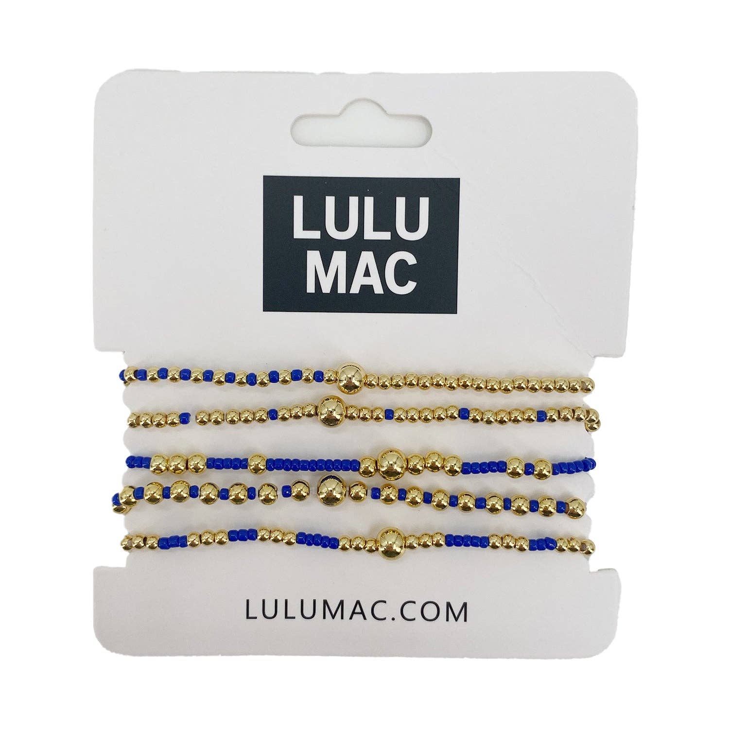 Set of gold and blue beaded bracelets on a Lulu Mac packaging with website URL.