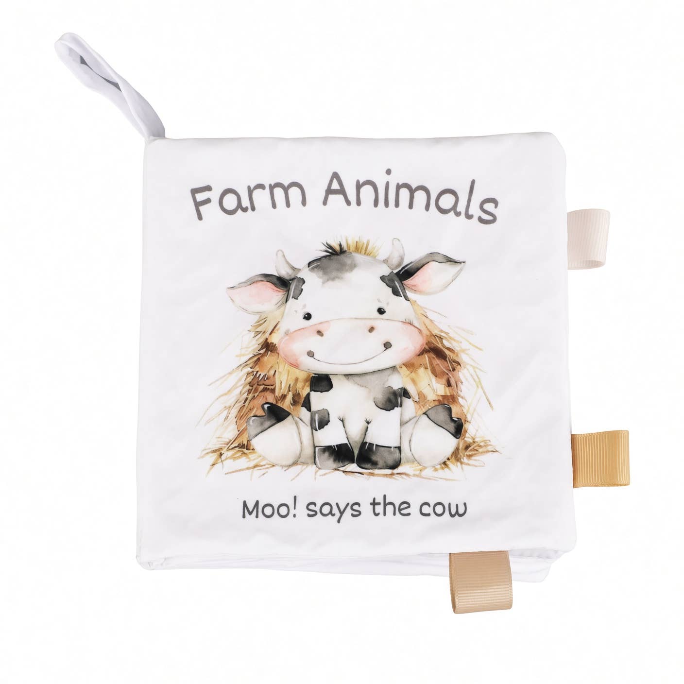 Soft crinkle cloth baby book cover with farm animal cow illustration and fabric tags