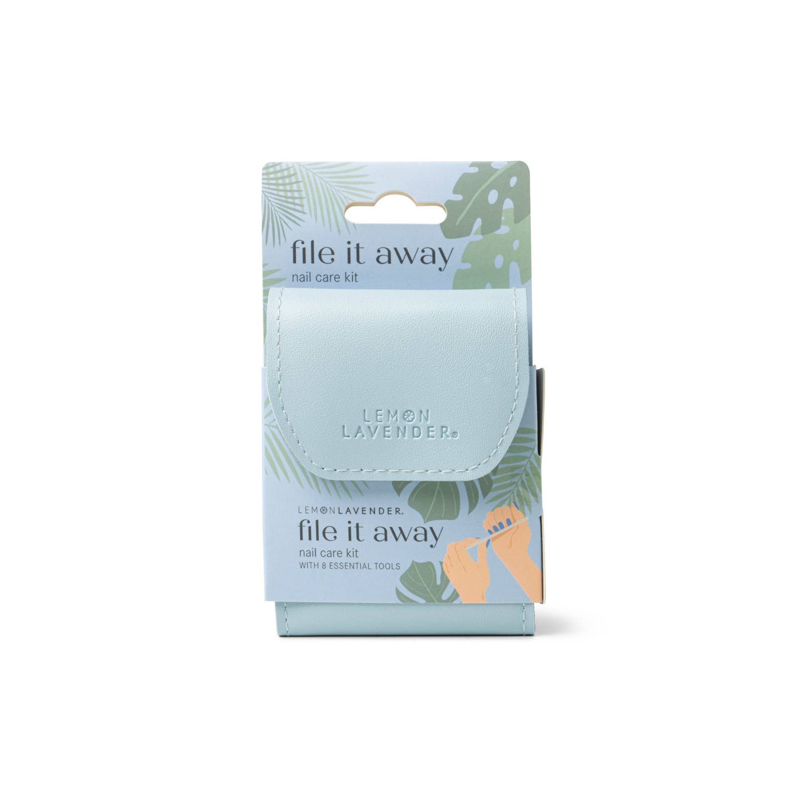 Nail care kit packaging with 'file it away' text on a white background